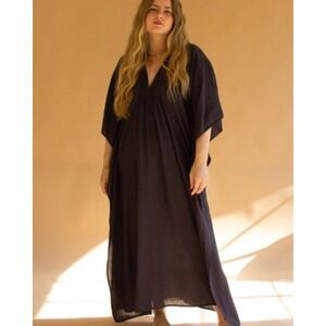 La Lou Black Lightweight Rayon Flax Caftan Dress OSFM Coastal Boho Lounge Kaftan